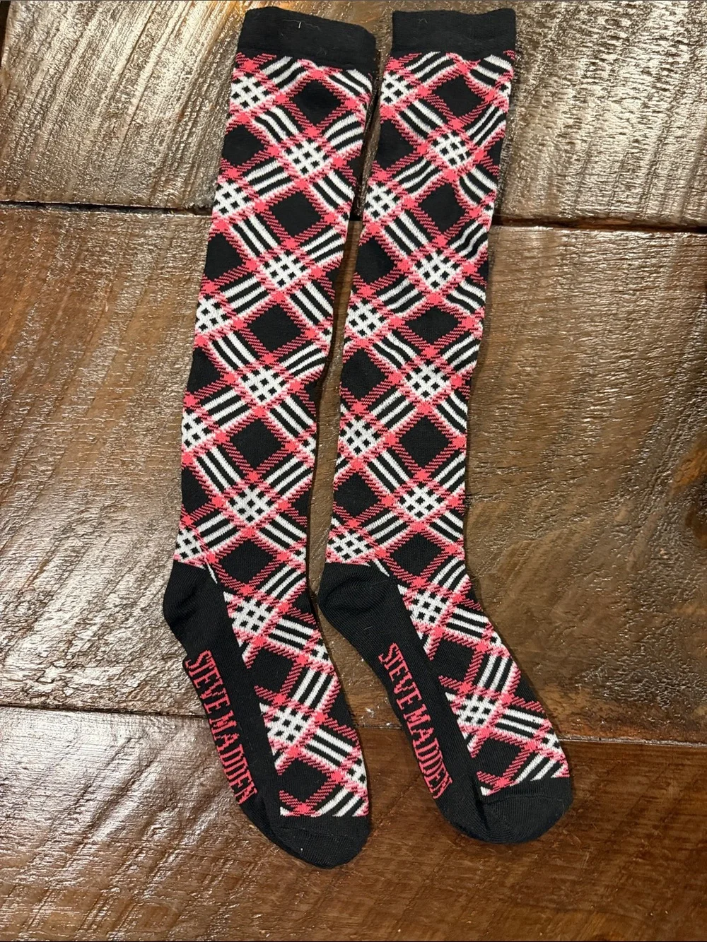 Steve Madden Black, Pink and White Plaid Knee-High Socks-NWOT